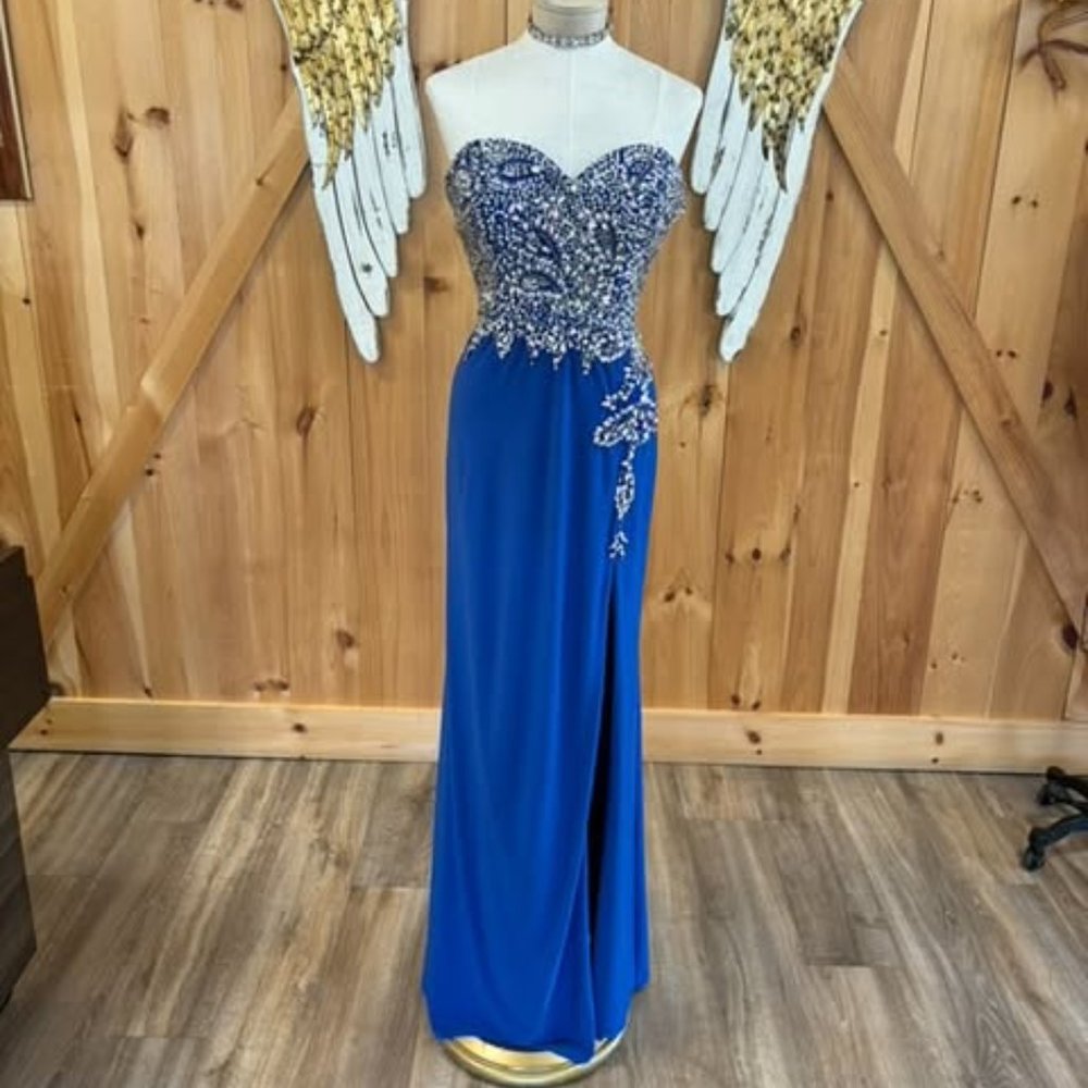 Dark blue strapless rhinestone dress with slit